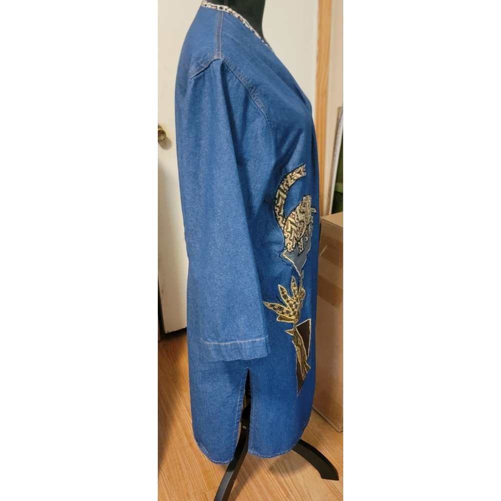 Vintage Pnina Woman African Long Denim Duster Open Front Folk Art Made In India - Picture 8 of 15